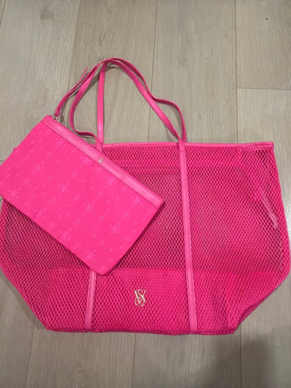 Victoria's Secret Women's Pink Mesh Tote Bag with Pouch